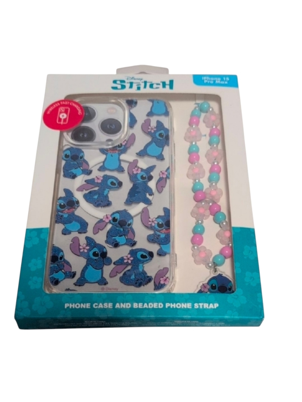 Disney Stitch iPhone 15 Pro Max Case with Beaded Strap - Blue and Pink